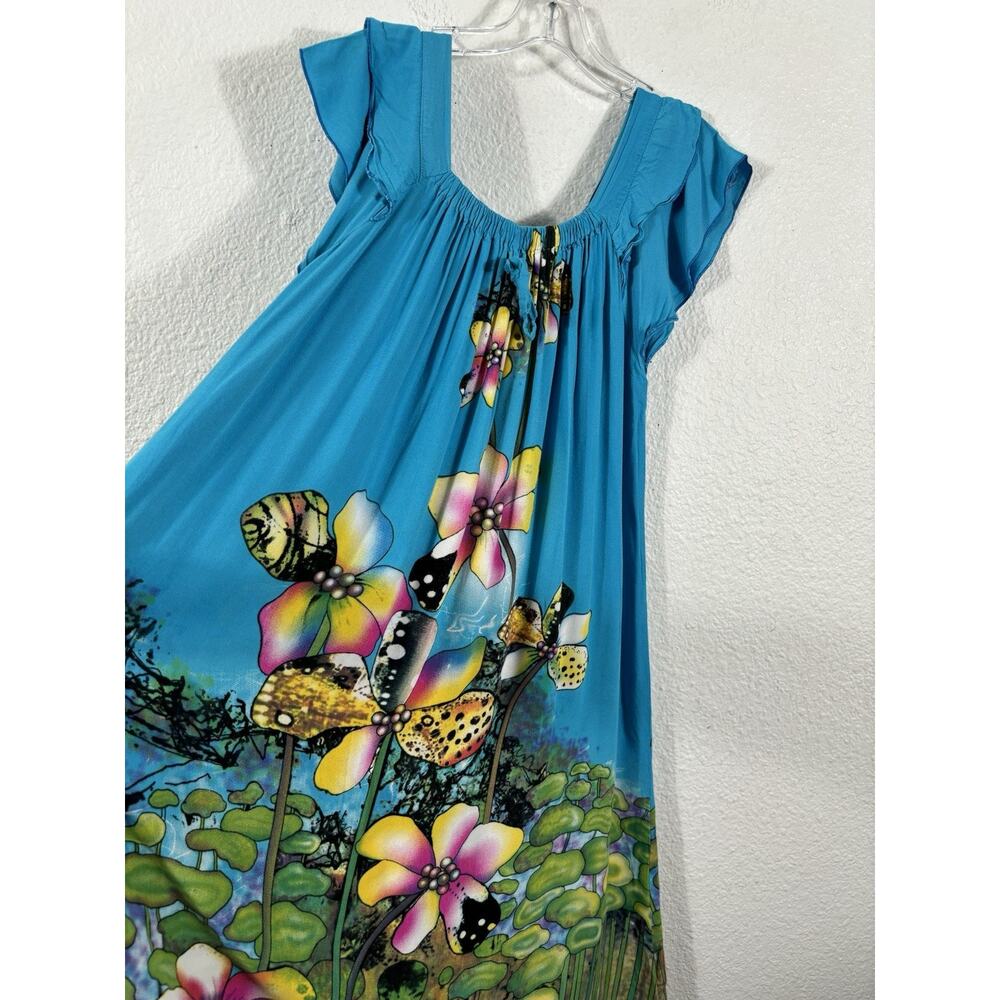 Vintage Hawaiian Dress Size S Blue Floral Rayon Short Sleeve